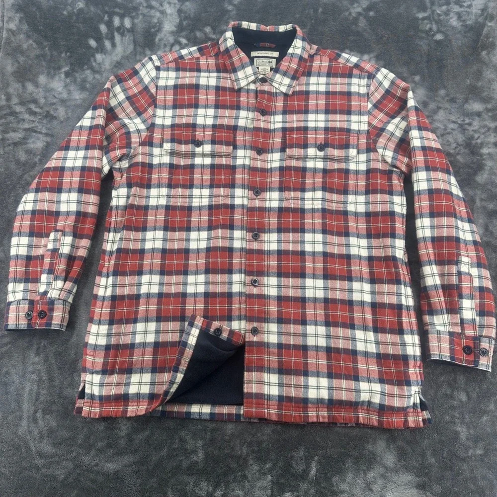 LL Bean Mens Large Fleece Lined Flannel Shirt Jacket Red Plaid Shacket Shacket